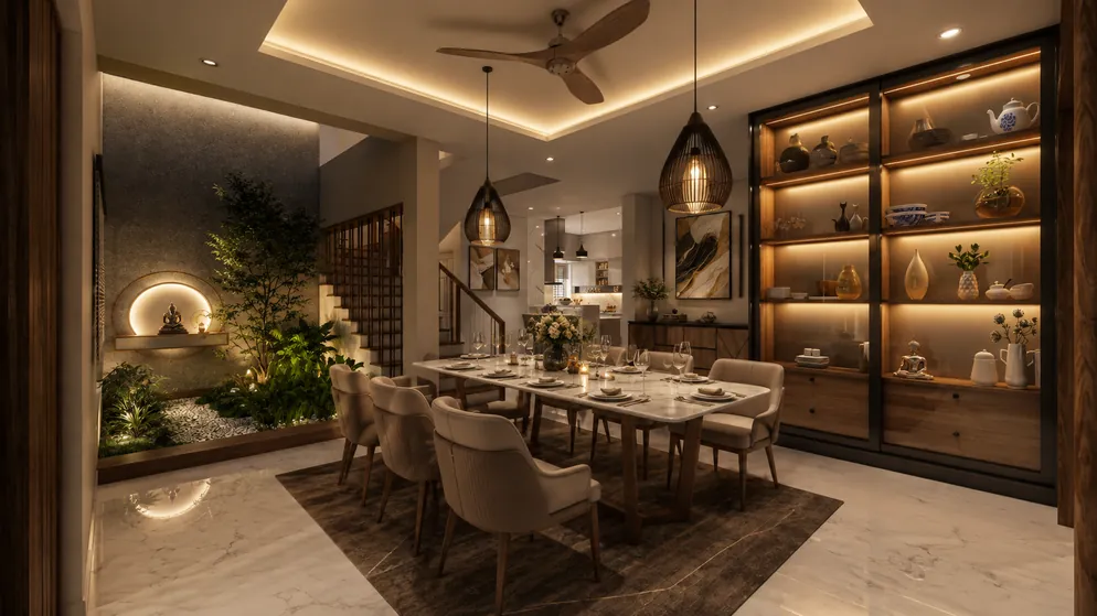 Dining room for eight beside a small indoor garden, with a backlit crockery unit and pendant lights over the table