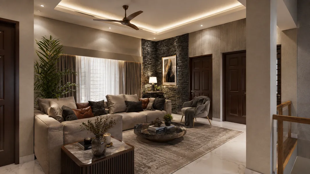 Family living room with a deep L-shaped sofa, a stone-clad wall and plants by the window