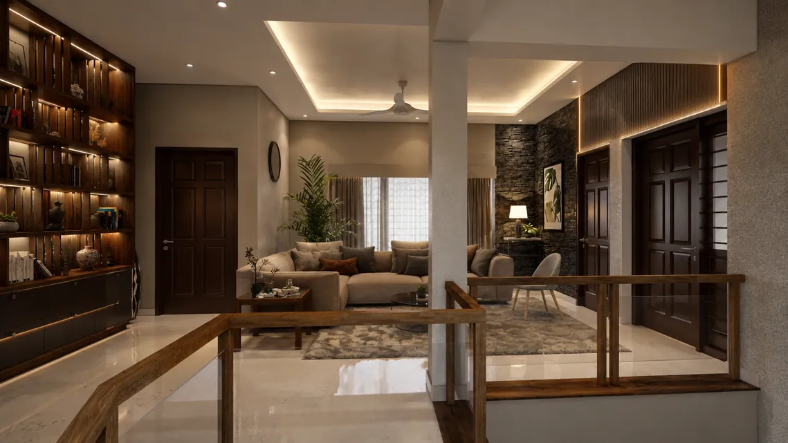 Formal living room seen from the staircase landing, with a backlit display wall and timber doors