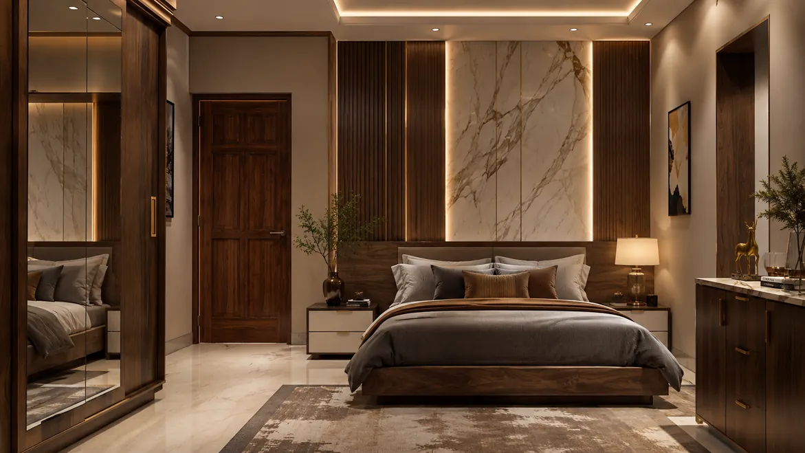 Master bedroom with a backlit marble headboard wall, fluted timber panels and a mirrored wardrobe