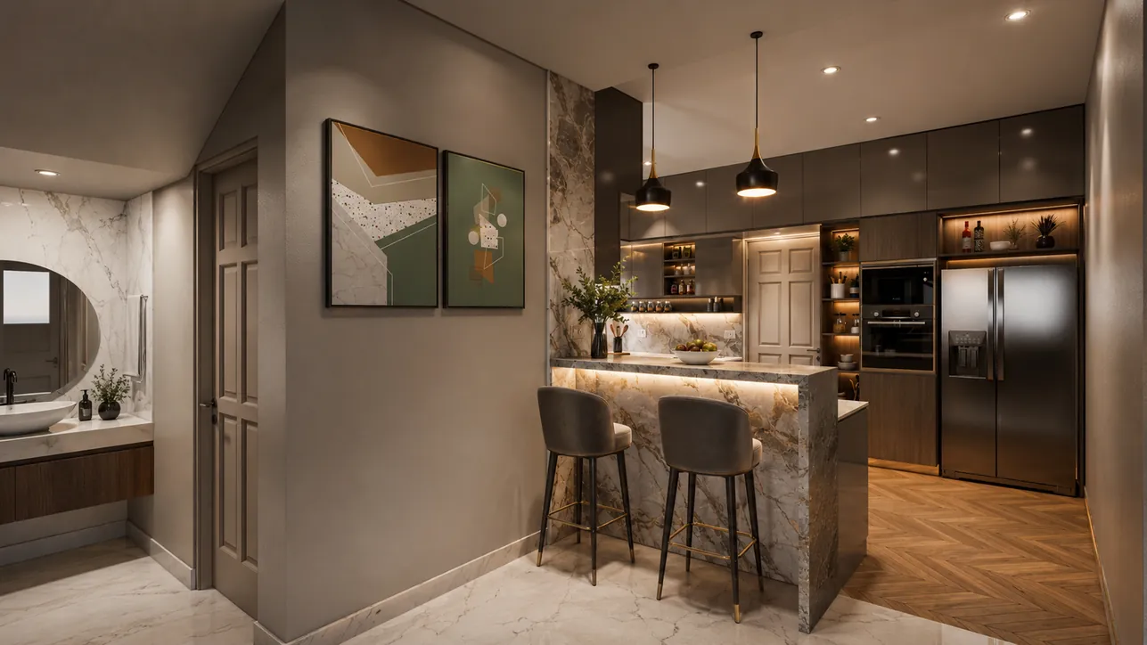 Kitchen with a marble breakfast counter, two bar stools and tall units with a built-in oven