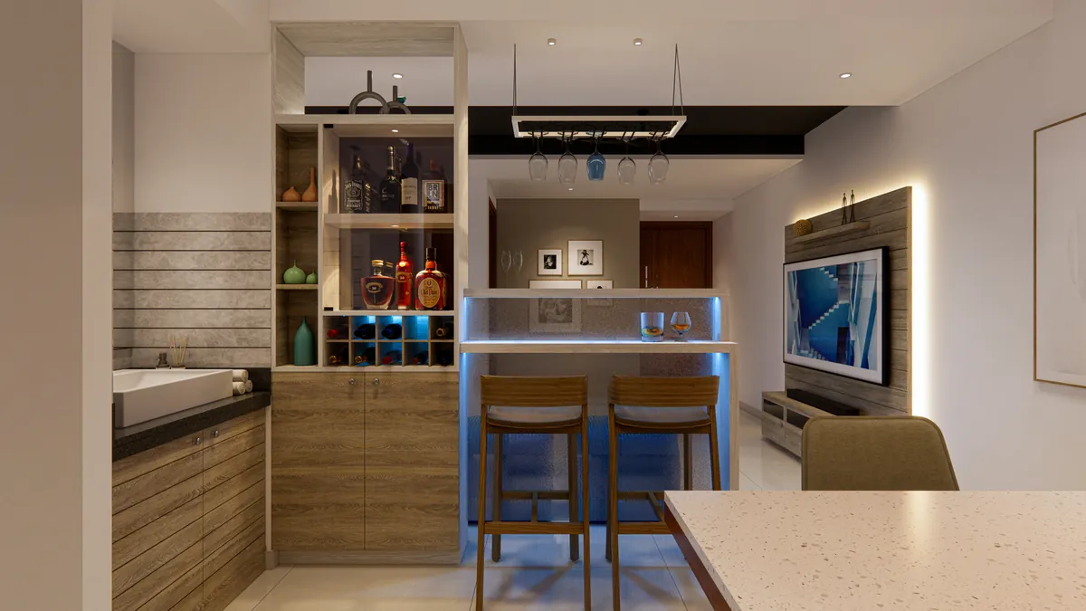 Corner with a backlit counter, bar stools, bottle shelves and a TV unit on the facing wall