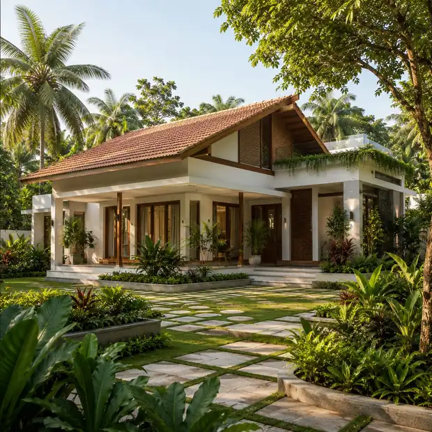 Single-storey Kerala home with a steep clay-tiled roof, a timber-slatted gable, a deep pillared verandah and stone stepping paths through a tropical garden